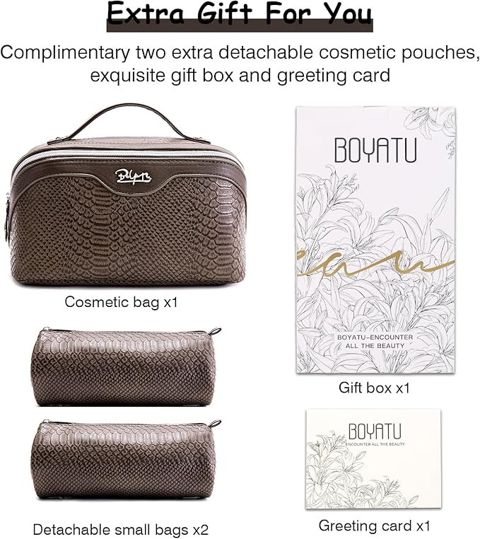 BOYATU Travel Makeup Bags for Women: 3 Pcs Set Wide Open Cosmetic Bag - Portable Make up Bags with Handle - Vegan Leather Toiletry Organizer Bag with Divider (G-03-Coffee)