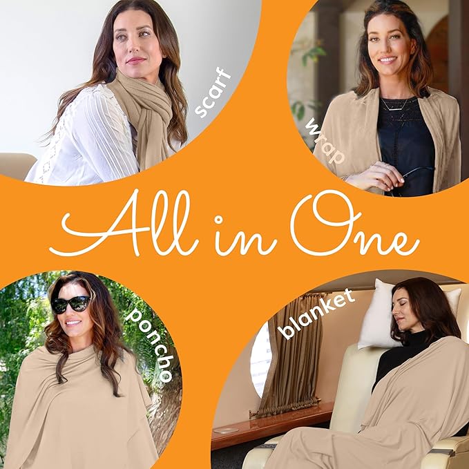 Happyluxe Travel Shawl Wraps for Women - 68x35in Wrap. Lightweight Pashmina, Airplane Travel Blanket Scarf. Made In USA