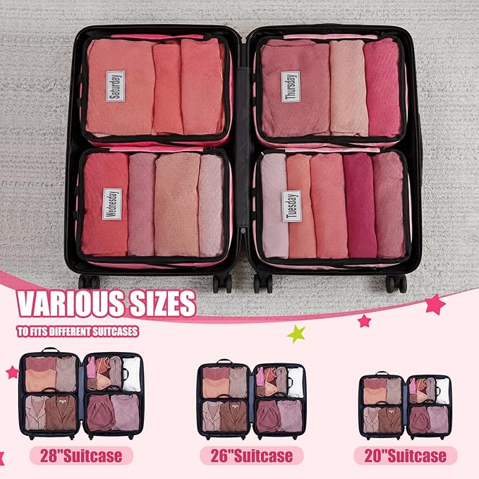 7 Pcs Packing Cubes for Travel Large Days of Week Compression Packing Cube with Labels Luggage Organizers Storage Bag(Pink)
