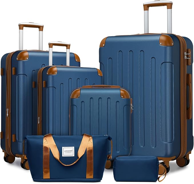 LARVENDER Luggage Sets 6 Piece, Expandable Luggage Set Clearance for Women, Suitcases with Wheels, Hardside Hard Shell Travel Luggage with TSA Lock (Blue Brown, 6pcs)