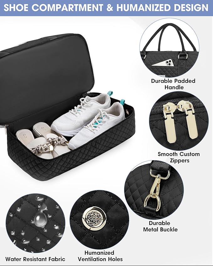 Weekender Bags for Women Travel Bag - Duffle Bag with Shoe Compartment Carry on Overnight Bag for Women Hospital Bags for Labor and Delivery 2Pcs Set Black