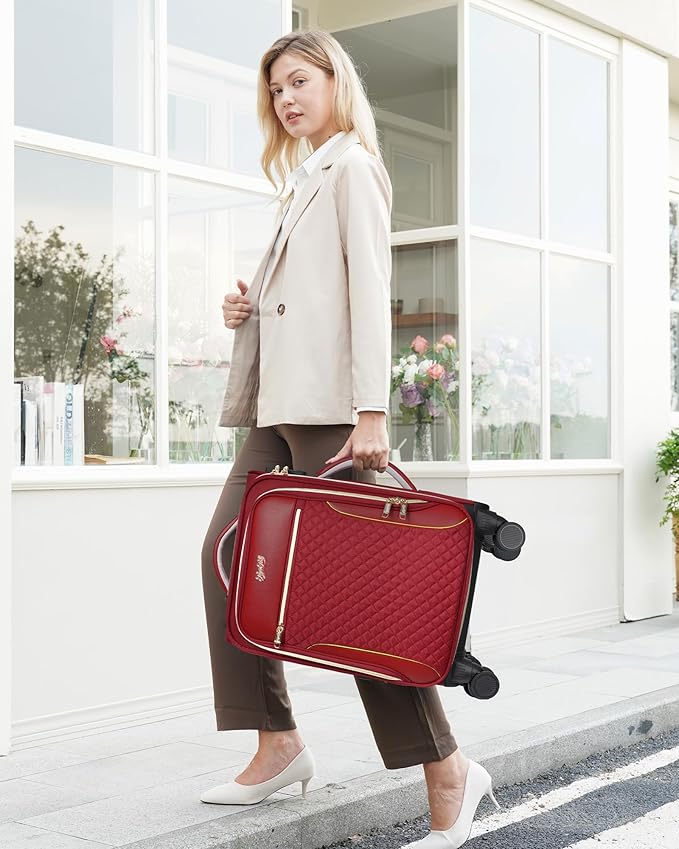 Carry On Luggage 22x14x9 Airline Approved, 20 Inch Softside Suitcase with 4 Pcs, Lightweight Luggage for Women with TSA Lock and 4 Spinner Wheels, Soft Side Carry-on Suitcases for Travel, Red