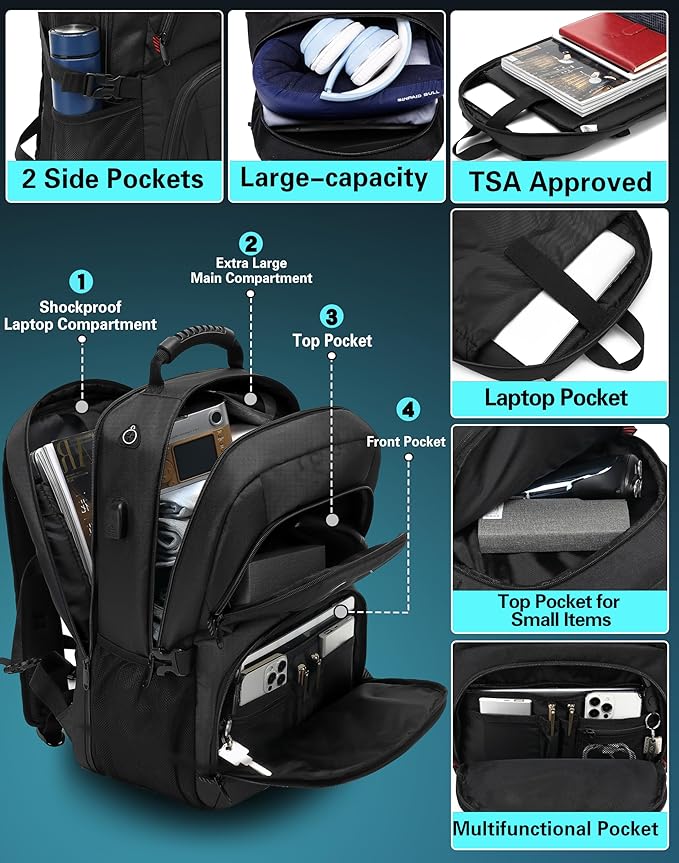 ProEtrade Travel Backpack, Extra Large Laptop Backpack School Business Anti Theft TSA Approved College Work Computer Bag Fits 18.4 Inch Laptop with USB Charging Port Bookbag for Women Men(Black,L)