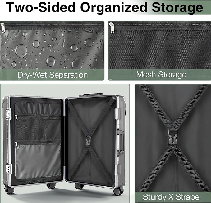 Krute Zipperless Luggage with Spinner Wheels Checked Aluminum Frame Luggage PC Hard Shell Suitcase with Charger and Cup Holder TSA Lock No Zipper 24 Inch Suitcases Gray
