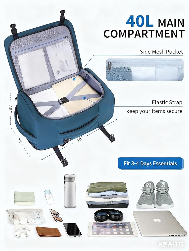 ECOHUB 40L Carry-On Travel Backpack, TSA-Friendly, Anti-Theft Water-Resistant Lightweight with 17.3″ Laptop Compartment, Durable PFAS-Free Rucksack, Green