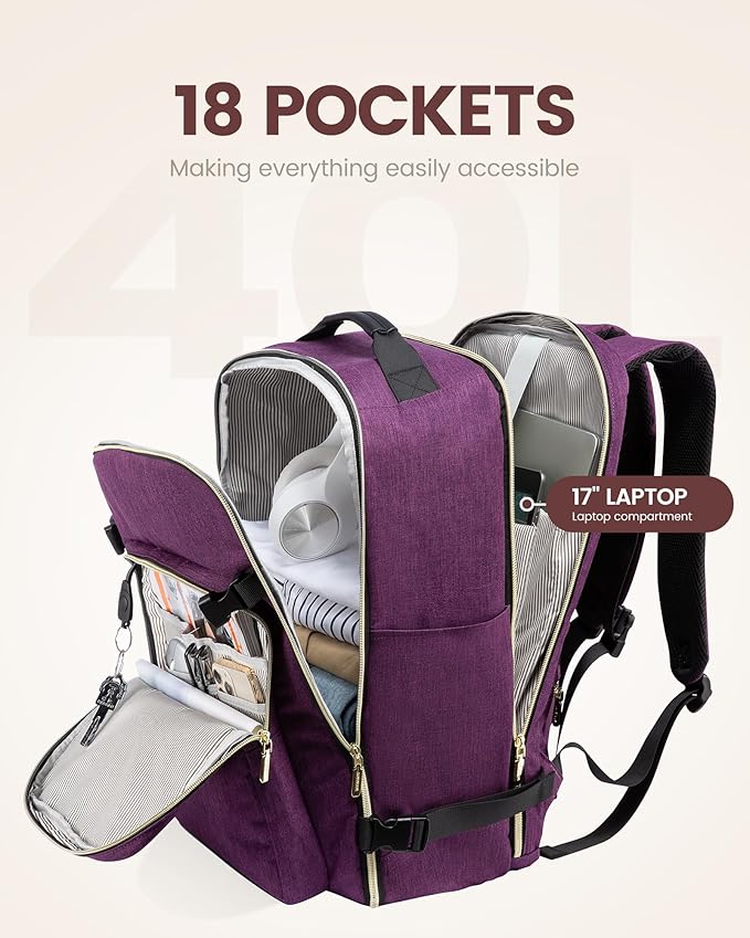 LOVEVOOK 40L Travel Backpack for Women Men,Waterproof Airline Approved Carry On Luggage Travel Essentials,TSA Carry On Backpack Personal Item Travel Bag Suitcase Weekender Traveling with Packing Cubes