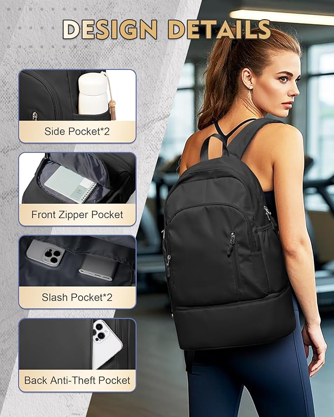 Gym Backpack for Women Men,Cheer bag,Lightweight Gym Bag with Shoe Compartment, Waterproof Sports Backpack with Wet Pocket, Black
