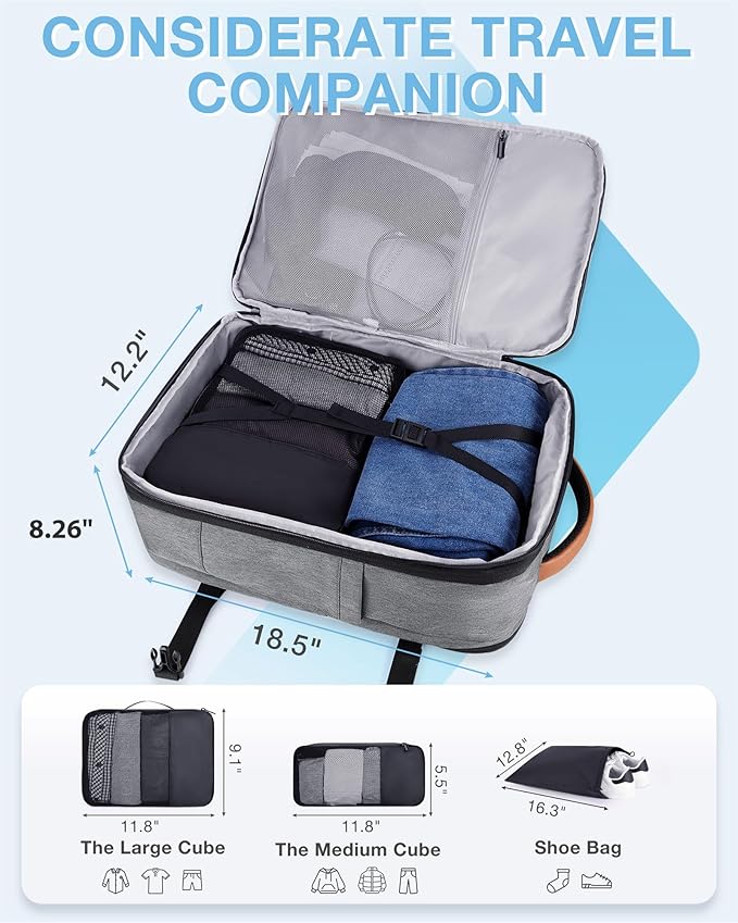 BAGSMART 37L Compression Travel Backpack, Expandable Carry On Backpack with Packing Cubes, Water Resistant Weekender Backpack Fits 17 Inch laptop, Luggage Daypack with Shoe Bag, Grey