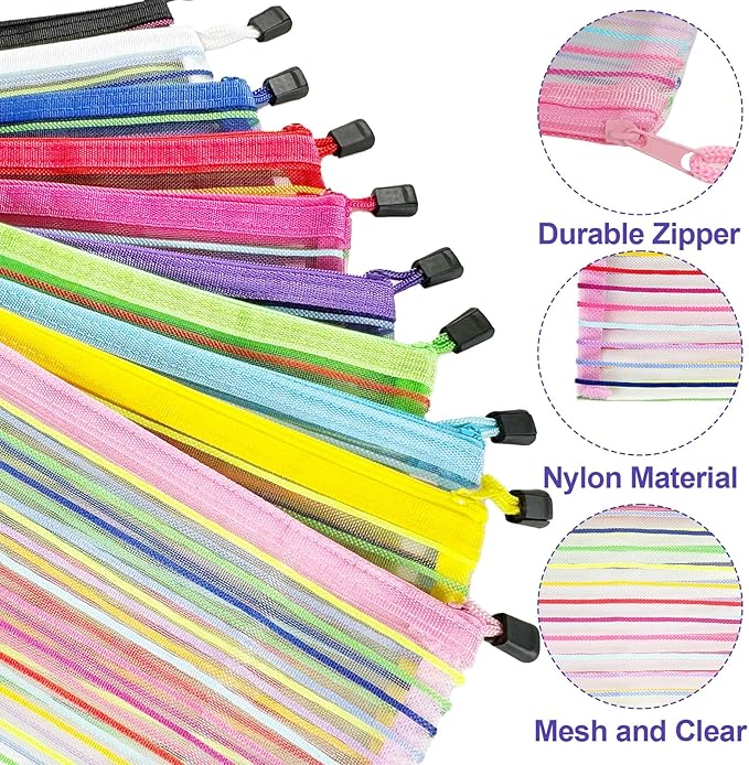 Mesh Bags with Zipper (40 Pack), Small Nylon Makeup Bag Cosmetic Pouches Travel Organizer for Purse Diaper Bag Home Organizing Striped Mix 10 Colors