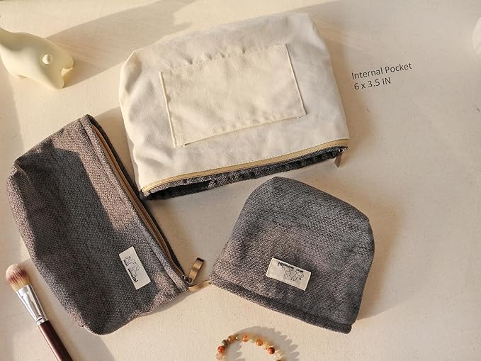 HAPPYHEIDI Large Gray Velvet Makeup Bag with Compartment Cosmetic Toiletry Travel Pouch,Purse Accessory Organizer, Canvas Lined