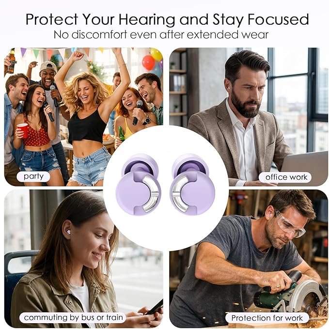 Adjustable Ear Plugs - 3 Noise Cancelling Modes for Work, Travel, Concerts & More, Reusable Hearing Protection with 4 Sizes (XS/S/M/L), Comfortable Ear Plugs for Noise Reduction, Purple Silver