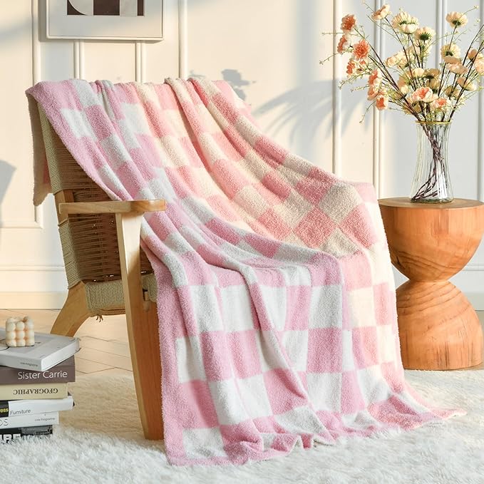 Checkered Blanket, Cozy Soft Throw Blankets for Couch Bed, Fluffy Plaid Lightweight Comfy Travel Picnic Blanket Gifts for Sofa Chair Living Room Camping (Pink, Twin 60"x80")
