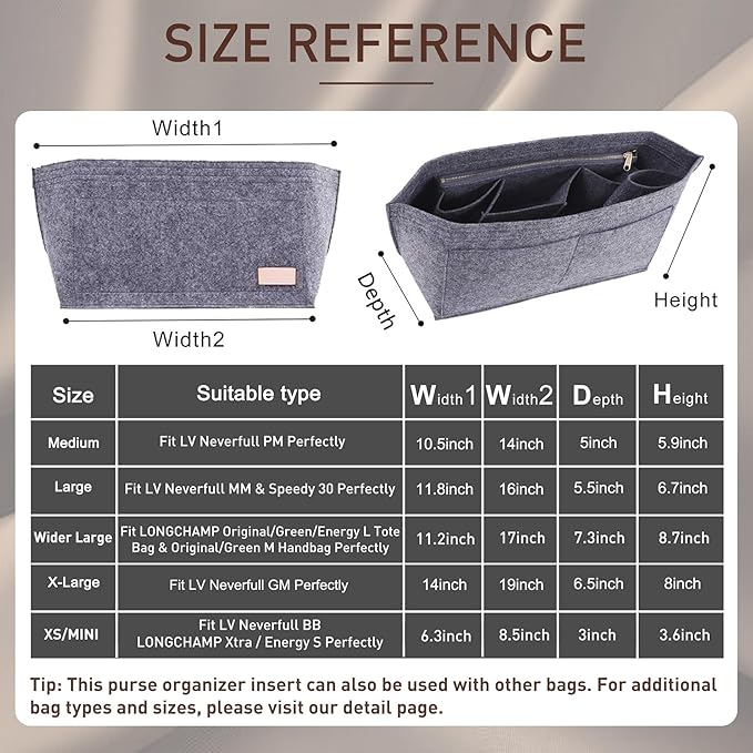 Doxo Purse Organizer Insert Handbag & Tote Felt with Bag Fits for Speedy 30 and Neverfull MM & Base Shaper 2pc Set (Large-Gray-Combination)