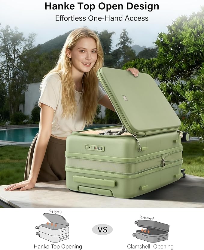 Hanke Hardside Expandable Carry On Luggage, 20 Inch Top Opening Trunk Luggages with Spinner Wheels, All-PC Hard Shell Carry-On Suitcase, Lightweight & TSA Airline Approved (Bamboo Green, 46L)