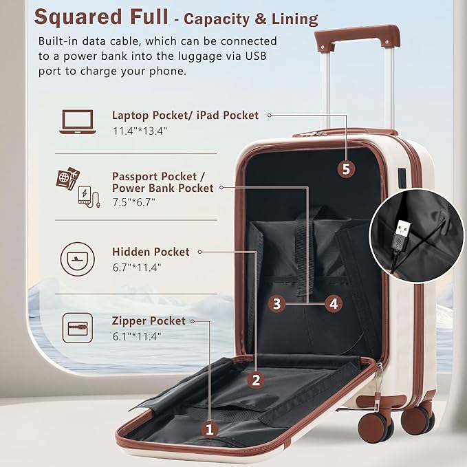Merax Luggage Sets 2 Piece Front Opening, Hardside Lightweight Carry on Suitcase with USB Port,Durable Expandable Luggage with Bags Spinner Wheels and TSA Lock,White and Brown
