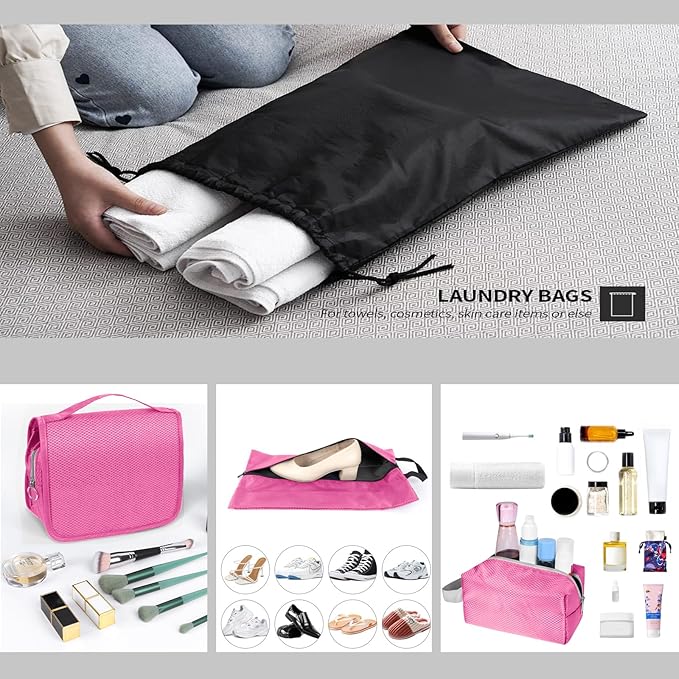9-Set Packing Cubes with Hanging Bag | 9-Size Combination, Mesh Fabric & Reflective Stripe | Travel Luggage Organizers (Pink)