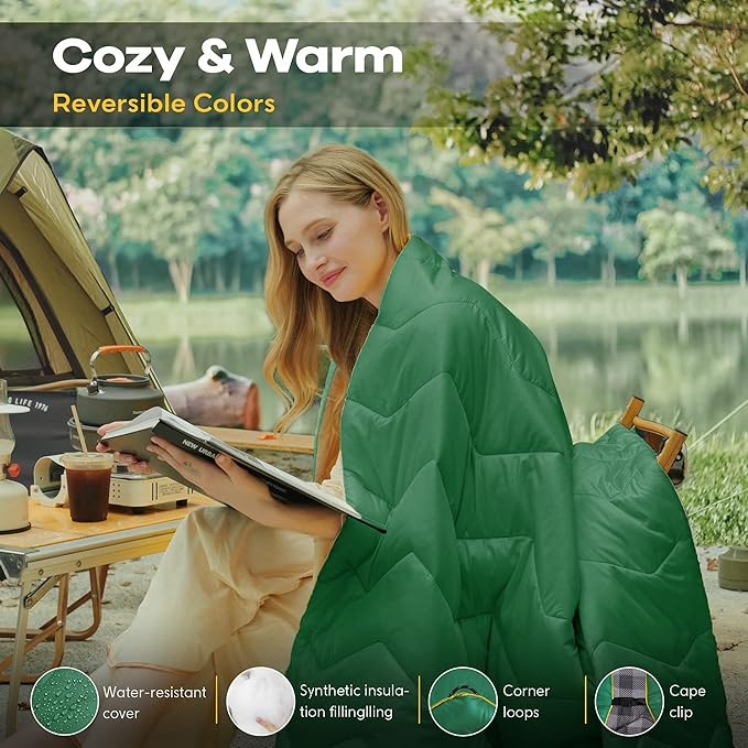 UNIKOME Waterproof Puffy Camping Blanket - Lightweight Packable Outdoor Quilt with Corner Loops, Warm Compact Blanket for Cold Weather Hiking Picnic Stadium Travel, 75"×52", Green