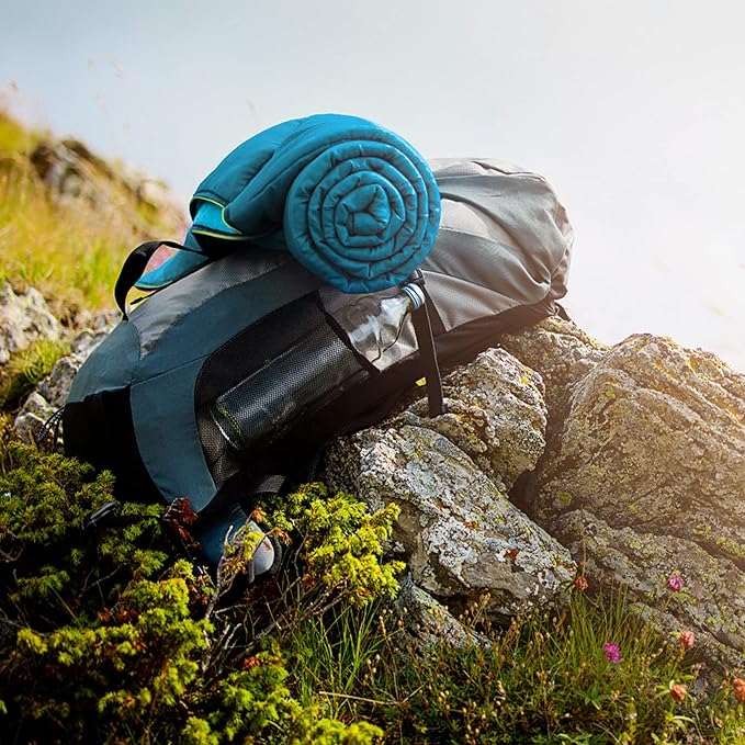 UNIKOME Waterproof Puffy Camping Blanket - Lightweight Packable Outdoor Quilt with Snaps & Corner Loops, Warm Compact Blanket for Cold Weather Hiking Picnic Stadium Travel, 75"×52", Lake Blue&Sky Blue