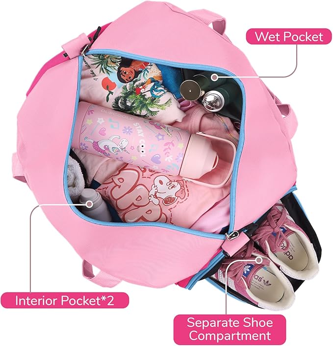 WOOMADA Kids Duffle Bag for Boys or Girls, Kids Overnight Bag with Shoe Compartment＆Wet Pocket, Ideal for School Practice, Sports, Travel(pink&hot pink)