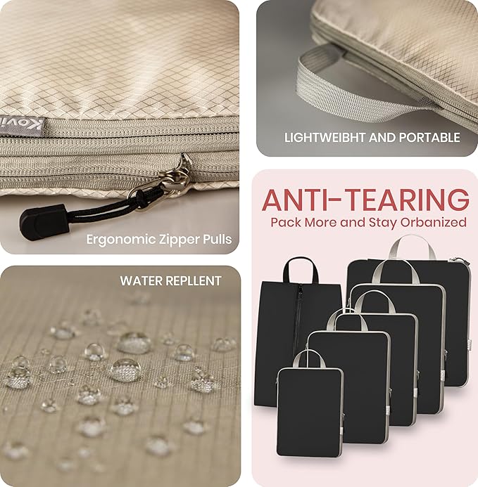 Compression Packing Cubes for Travel, Set of 6 Expandable Luggage Organizers with Shoe Bag, Lightweight Water-Resistant Suitcase Essentials for Carry-on & Checked Luggage, Black