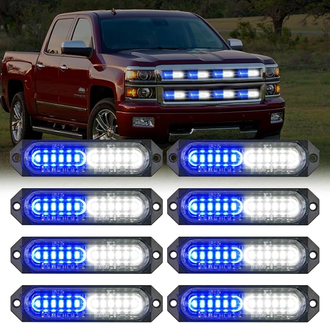 Nilight 8PCS LED Strobe Lights 12V 24V Amber White Sync Feature Ultra Slim | Blue White 12 LED Emergency Hazard Warning Lights Flashing Warning Mini Surface Mount Grille for Car Truck Camper trailer SUV