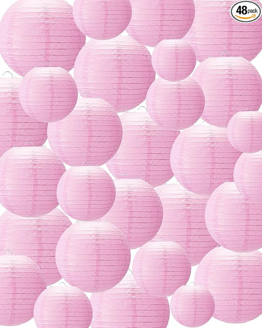 Treela 48 Pcs Paper Lanterns Party Decorations Chinese Round Paper Decor 4/6/8/10 Inch Asian Hanging Lamps Decorative for Graduate Wedding Birthday Party Bridal Parties Supplies (Pink)