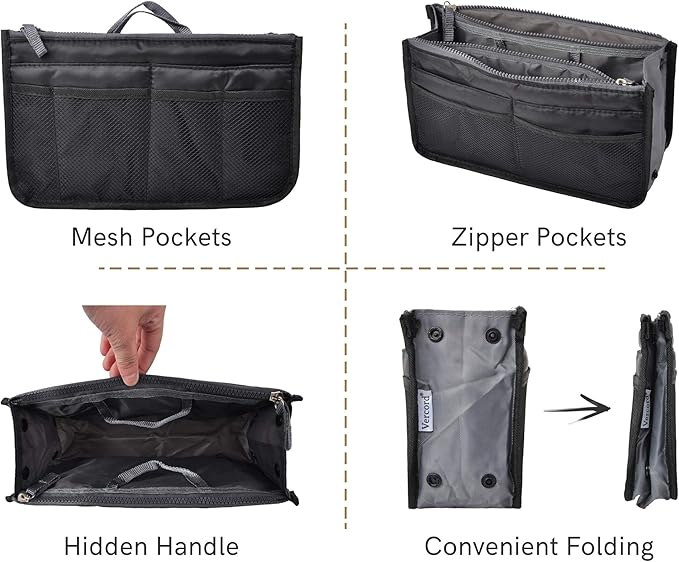 Vercord Purse Organizer Insert for Handbags Bag Organizers Inside Tote Pocketbook Women Nurse Nylon 13 Pockets Black Medium