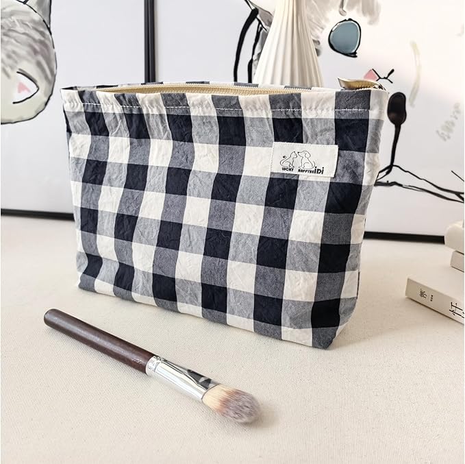 HAPPYHEIDI Large Cotton Black White Checker Makeup Bag with Compartment Cosmetic Toiletry Travel Pouch,Purse Accessory Organizer,Canvas Lined