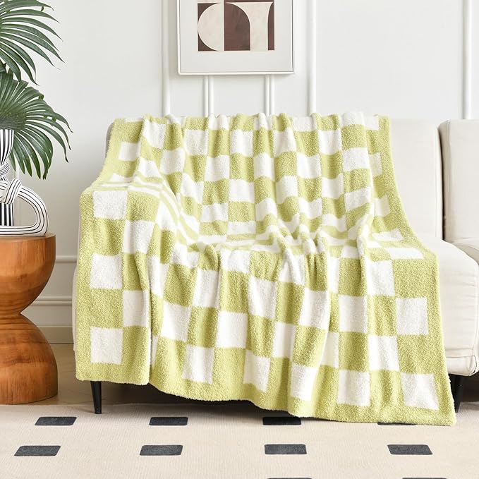 Checkered Blanket, Cozy Soft Throw Blankets for Couch Bed, Fluffy Plaid Lightweight Comfy Travel Picnic Blanket Gifts for Sofa Chair Living Room Camping (Green, Throw 50"x60")