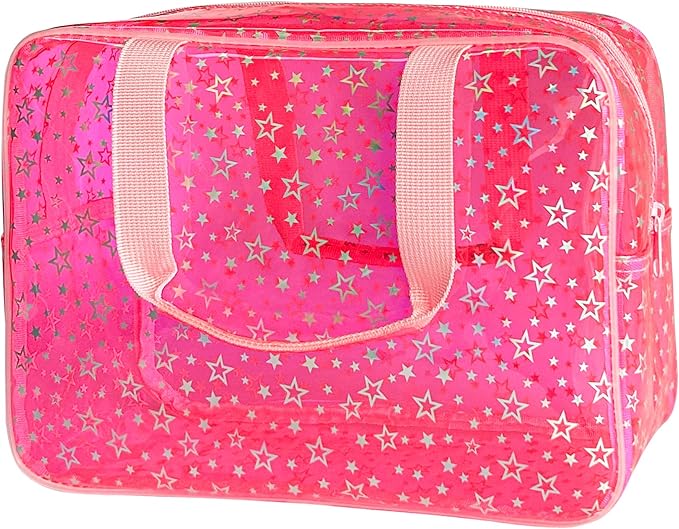 Clear Star Large Cosmetic Bag and Travel Pouch with Handle,Durable Material,Zipper Design-Ideal for Makeup,Travel Essentials (Pink+Shiny Star)