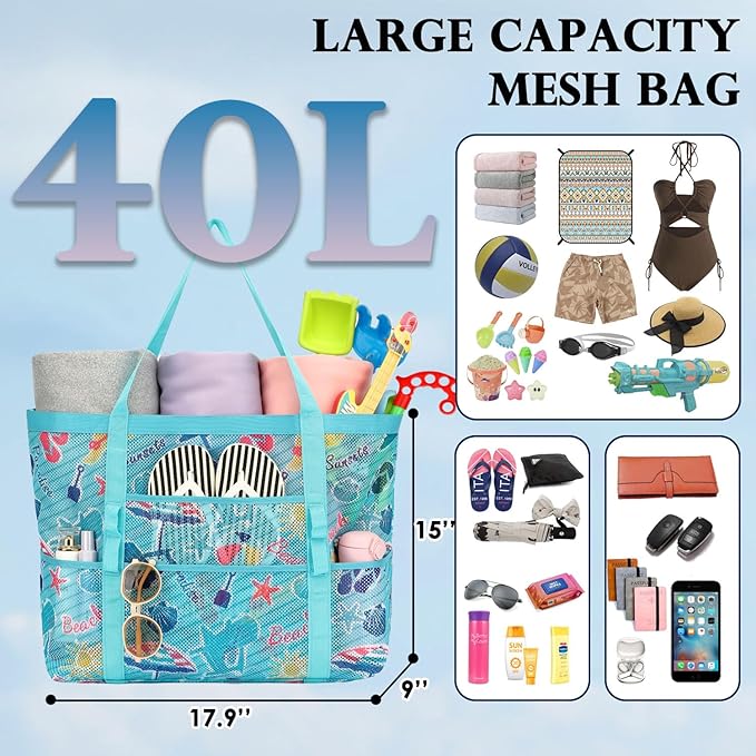 Fammart Mesh Beach Bag, Large Beach Tote with Zipper Pocket, Toys Pool Bag for Family Travel Vacation Cruise Essentials