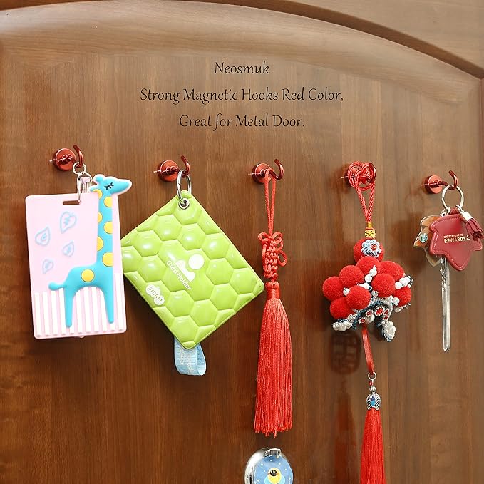 Neosmuk Magnetic Hooks, 30lb+ Heavy Duty Earth Magnets with Hook for Refrigerator, Extra Strong Cruise Hook for Hanging, Magnetic Hanger for Cabins, Grill (Red, Pack of 6)