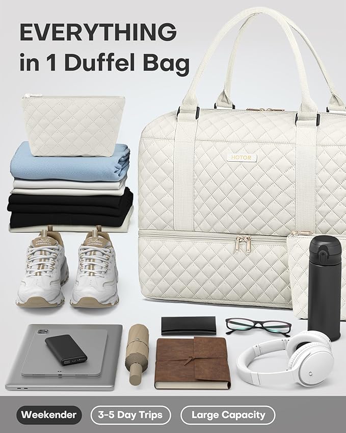 HOTOR Travel Duffel Bag - Weekender Bags for Women, Gym Tote Bags with Shoe Compartment, Carry On Overnight Bag with Toiletry Bag for Travel Essentials and Travel Accessories, Beige, 13.4"×17.3"×7.9"