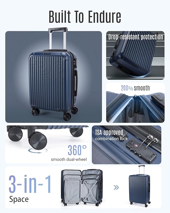 LIGHT FLIGHT Luggage Sets, Durable Hard Shell 3 Piece Set Suitcase with Spinner Wheels, Hardside Lightweight Luggage set with TSA Lock, Large Travel Luggage Set (20" 24" 28"), Dark Blue