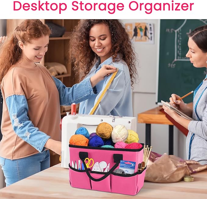 Godery Desktop Tote and Organizer, Teacher Helper Caddy Bag for Arts, Books, Stationery, Office Desk Organization, Make-up Storage with Handles for Travel, Pink