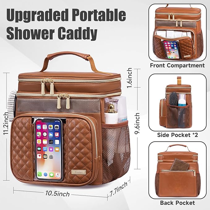 Large Leather Toiletry Bag for Women Men,Bathroom Bag,Water Resistant Shower Bag,Makeup Bag,Portable Shower Caddy for College Dorm,Hanging Travel Toiletry Bag with Transparent Waterproof Phone Pocket