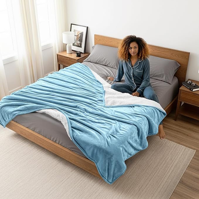 Utopia Bedding Sherpa Blanket California King Size (Washed Blue, 102x96 Inches) - Soft Lightweight Plush Fleece Reversible Blanket for Bed, Sofa, Couch, Camping and Travel