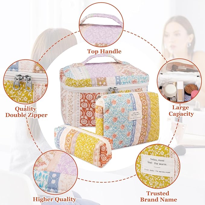 Quilted Makeup Bag Set, Large Floral Cosmetic Bag for Women, Cute Cotton Makeup Bag, Flower Travel Toiletry Organizer Bag(Color-Coded Floral)