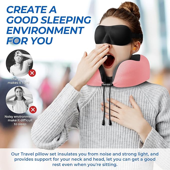 Travel Pillow, Travel Pillows for Sleeping Airplane, Neck Pillow Airplane, Memory Foam Neck Pillow Set with Eye Mask, Earplugs and Storage Bag -Pink