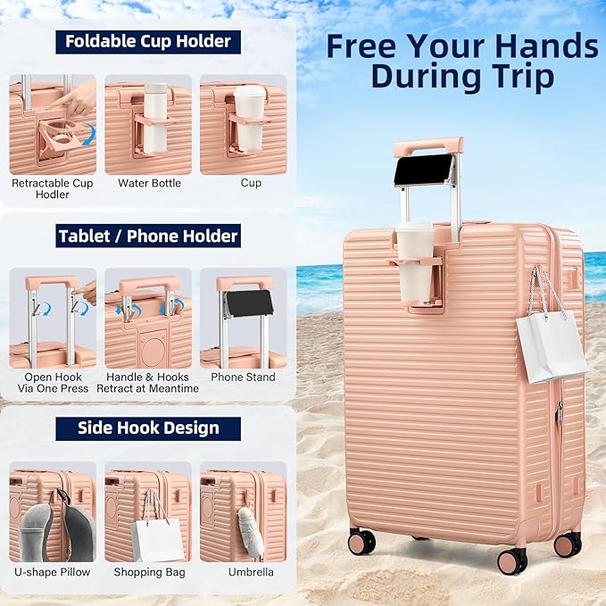 HanTrip Hard Shell Suitcases 28 Inch Large Checked Luggage with Spinner Wheels Cup Holder, Expandable Check in Luggage Lightweight Top Opening Luggage Big Rolling Suitcase with Lock, Pink