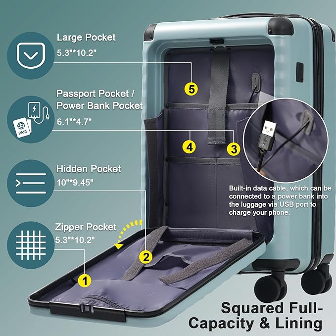 Merax Luggage Sets 5 Piece,Front Open Hardshell Expandable Suitcase with Spinner Wheels and Duffel Bags,Lightweight Carry on Luggage with USB Port and Cup Holder,20/24/28IN,Light Blue