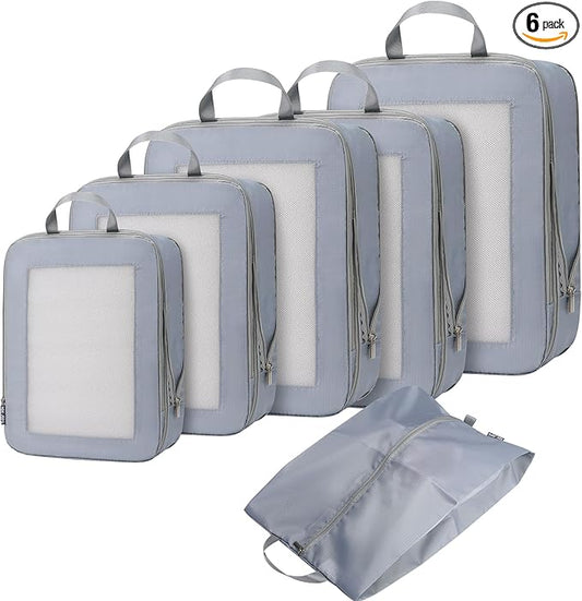 Ultralight Compression Packing Cubes for Suitcases Carry on，Compressible Mesh Packing Cubes for Travel Women Travel Essentials with Shoe Bag 6 Set (Grey)