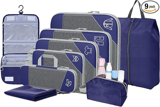 9-Set Packing Cubes with Hanging Bag | 9-Size Combination, Mesh Fabric & Reflective Stripe | Travel Luggage Organizers (Navy)