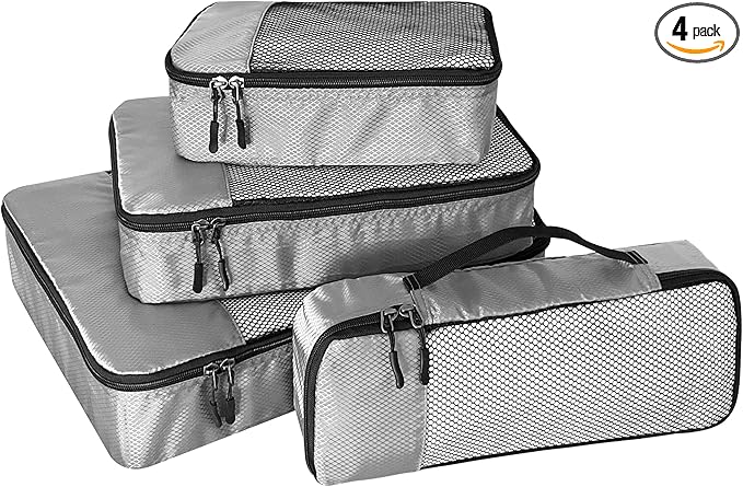 4-Piece Packing Cubes Travel Accessories Set for Suitcases - Luggage Organizer Bags with Double Zipper - Mesh Top - Small/Medium/Large/Slim - Grey