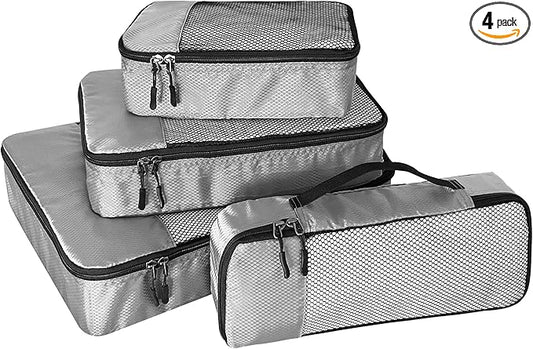 4-Piece Packing Cubes Travel Accessories Set for Suitcases - Luggage Organizer Bags with Double Zipper - Mesh Top - Small/Medium/Large/Slim - Grey