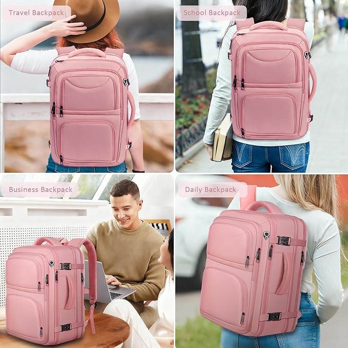 Travel Backpack for Women, 52L Carry On Backpack, Extra Large Expandable Travel Bag, 18.4 Inch TSA Flight Approved Luggage Personal Item Size with USB, Teacher Business Daypack, Pink