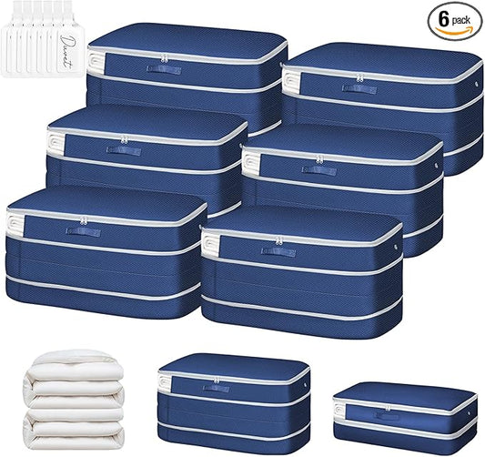 Comforter Storage Bag - Large Capacity Bedding Storage Bags Ultra Space Saving Self Compression Organizer, Washable Compression Bags for Storage Comforter Blanket Duvet, 6-Pack, Navy Blue