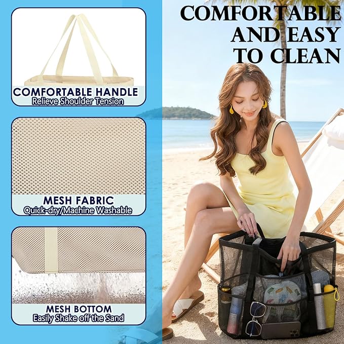 Fammart Mesh Beach Bag, Large Beach Tote with Zipper Pocket, Toys Pool Bag for Family Travel Vacation Cruise Essentials