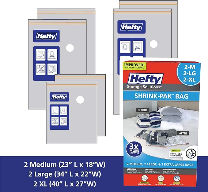 Hefty Shrink-Pak - 2 Medium, 2 Large, 2 XL Vacuum Seal Storage Bags – Space Saver Bags for Clothing, Pillows, Towels, or Blankets, 6 Pc Set