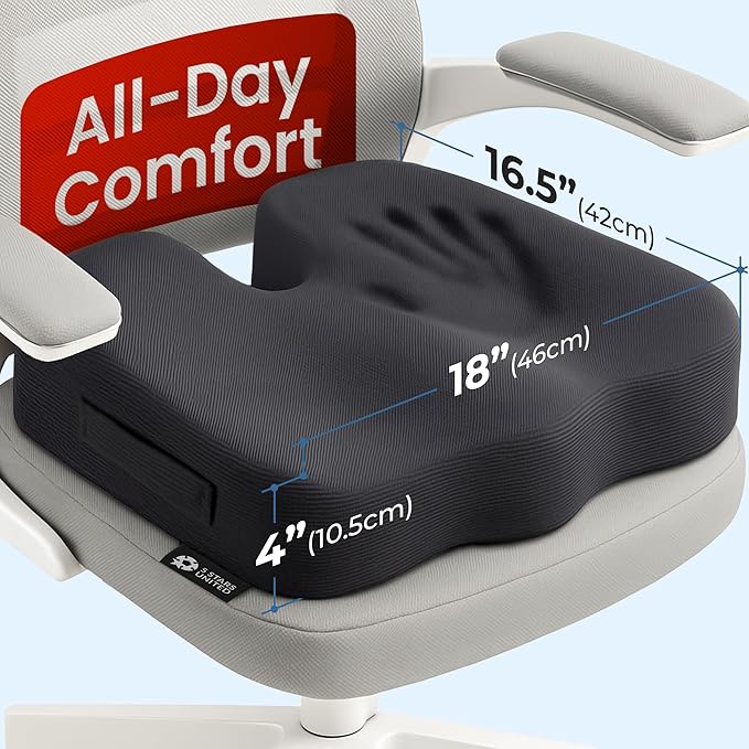 5 STARS UNITED Seat Cushion - Memory Foam Chair Cushion for Tailbone Pain Relief - Ergonomic Support for Coccyx, Sciatica & Butt - Office, Desk & Gaming Chair, Car Seat, Wheelchair, Airplane, Black